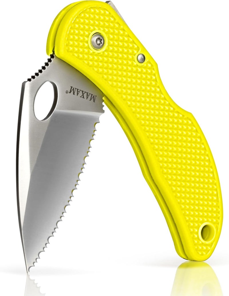 Maxam 3.3" Saltwater Knife - Rust-Proof German Stainless Steel Serrated Blade with Bright Yellow Handle, Reversible Pocket Clip, Lanyard Hole - Ideal for Salt & Fresh Water, Fishing Outdoor Use - Image 1